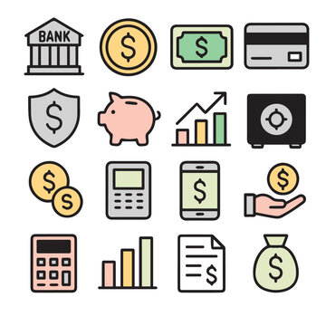 Colorful Finance and Banking Icons Set Budget & Money Tools