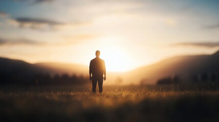 A lone person stands in a field at sunset, framed by distant hills and a glowing sky, evoking solitude and contemplation.