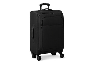 Black suitcase with retractable handle and wheels on transparent background