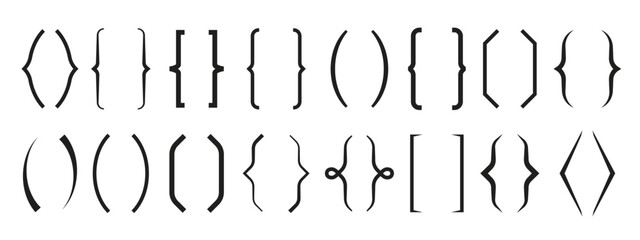 Black bracket set. Vintage speech brackets, line text braces calligraphy symbols. Curly punctuation decorations, decent parenthesis vector kit
