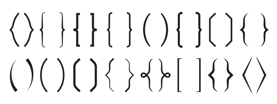 Black bracket set. Vintage speech brackets, line text braces calligraphy symbols. Curly punctuation decorations, decent parenthesis vector kit
