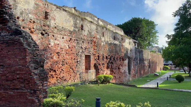 Historic walls of Fort Zeelandia(Anping Fort) in Tainan, Taiwan. Original wall of red bricks imported from Batavia and laid by the soldiers of the Dutch East India Company.