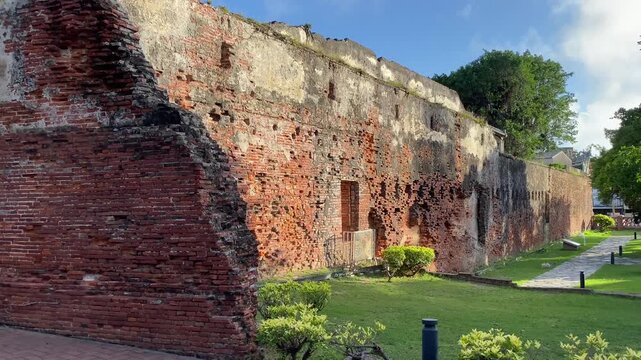 Historic walls of Fort Zeelandia(Anping Fort) in Tainan, Taiwan. Original wall of red bricks imported from Batavia and laid by the soldiers of the Dutch East India Company.