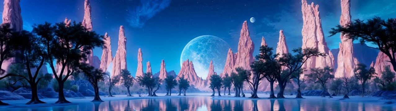 Surreal alien planet landscape with strange rock formations, trees, lake and moons.