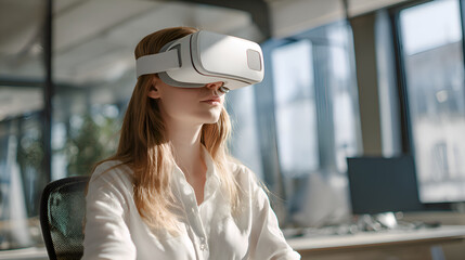 Businesswoman wearing vr headset exploring metaverse in modern office