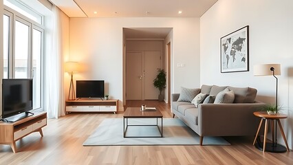Modern apartment interior with stylish furniture and warm lighting, showcasing contemporary living.