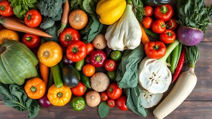 Vibrant organic vegetables arranged on a rustic market table, captured from an overhead angle.