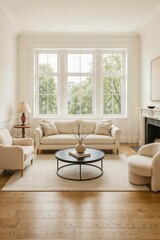 Fototapeta premium Elegant living room with white armchairs and large french windows