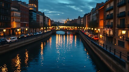 Fototapeta premium Evening cityscape with streetlights reflecting on a tranquil canal, creating an impressionistic urban glow.