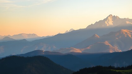Fototapeta premium A serene mountain landscape bathed in golden hour light, showcasing nature's grandeur.