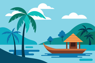 calm tropical lagoon traditional boat nearby