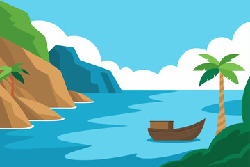 clear ocean with jungle cliffs and wooden boat