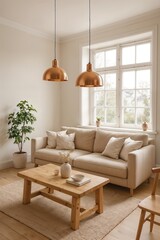 Scandinavian style living room with neutral sofa and pendant lighting.