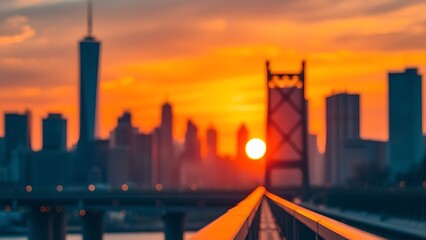 Obraz premium Urban bridge silhouette against a vibrant sunset with soft bokeh city lights.