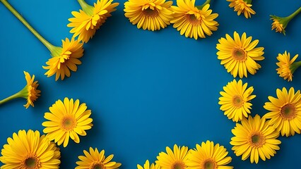 Vibrant yellow flowers arranged in a circular pattern against a deep blue background, evoking spring freshness.