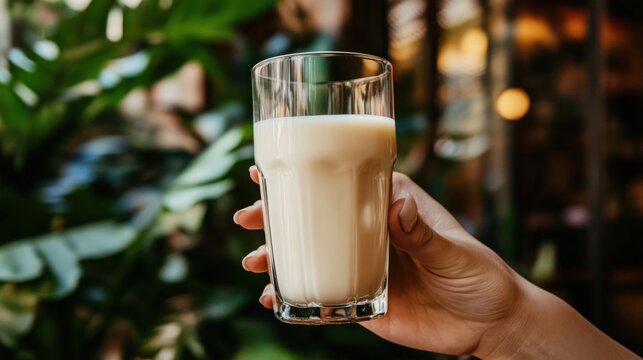 Hand holding a glass of milk