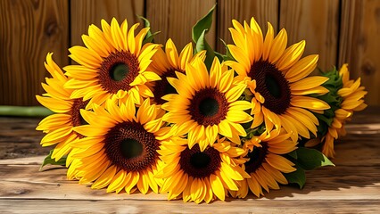 Sunflowers arranged on a rustic wooden table, bathed in warm golden light for a natural still life.