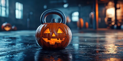 Halloween pumpkin with glowing face in a dark gym setting featuring weights and eerie atmosphere during nighttime