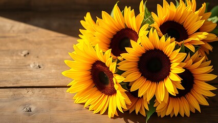 A vibrant sunflower bouquet arranged on a rustic wooden surface, bathed in warm golden natural light.