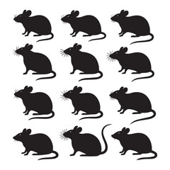 A set of 10 black silhouette illustrations of mice arranged in two rows against a white background.