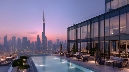 Rooftop infinity pool overlooking dubai skyline at sunset with burj khalifa