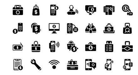 An array of finance and payment icons, showcasing monetary transactions, shopping, and digital financial services for business