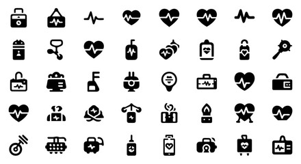 A collection of medical and healthrelated icons, featuring hearts, pulses, medical bags, and other healthcare symbols, representing wellness and treatment