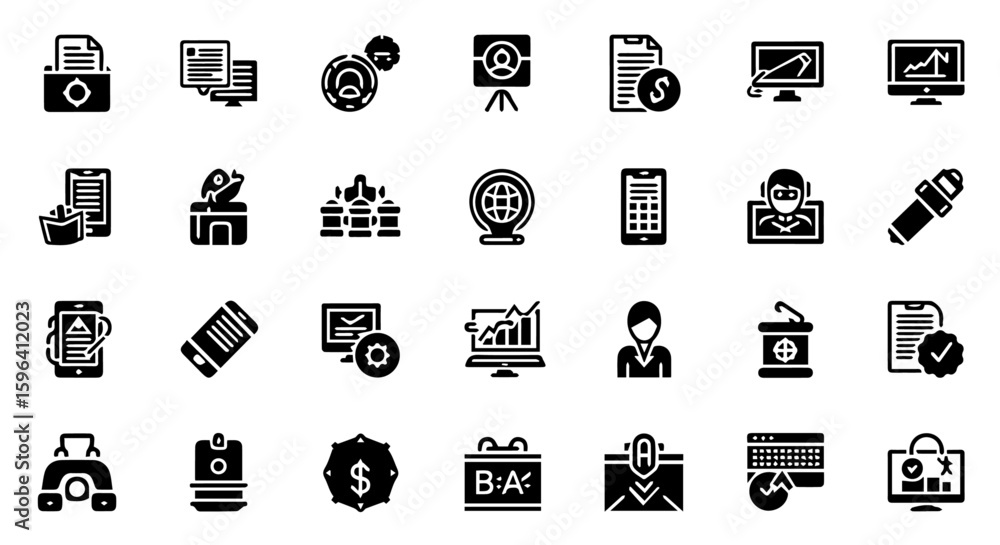 Poster an extensive array of business and strategy icons, encompassing concepts like finance, data analysis