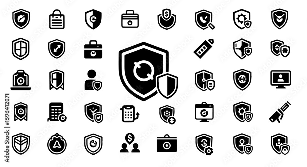 Poster an extensive assortment of security icons, showcasing shields with various symbols like refresh arro