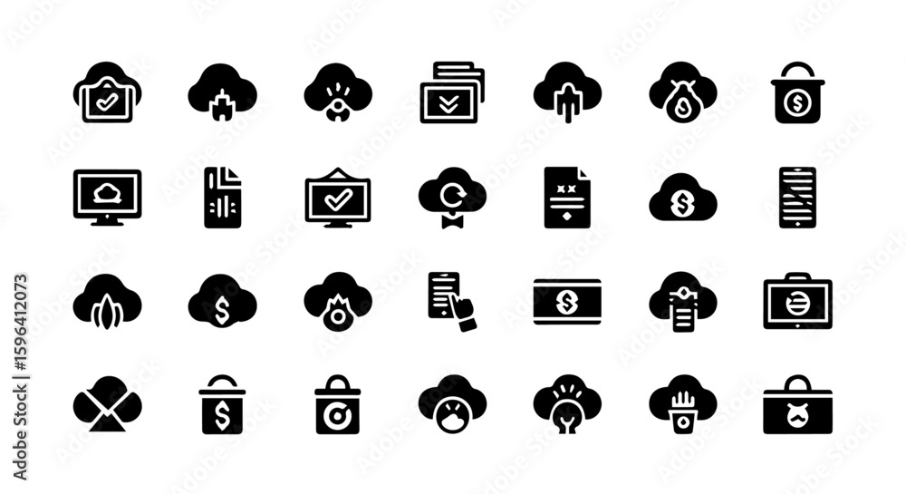 Poster a comprehensive compilation of cloud service icons, illustrating concepts such as data transfer, onl