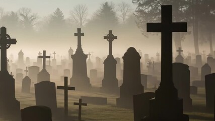 Foggy Cemetery at Dawn - Numerous gravestones stand in a misty graveyard at sunrise, their silhouettes stark against the pale sky. The fog creates an ethereal and somber atmosphere. - Powered by Adobe
