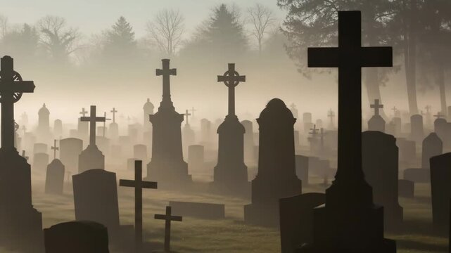 Foggy Cemetery at Dawn - Numerous gravestones stand in a misty graveyard at sunrise, their silhouettes stark against the pale sky. The fog creates an ethereal and somber atmosphere.
