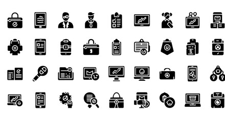 A diverse set of business and strategy icons, encompassing planning, finance, marketing, data analysis, and project management elements