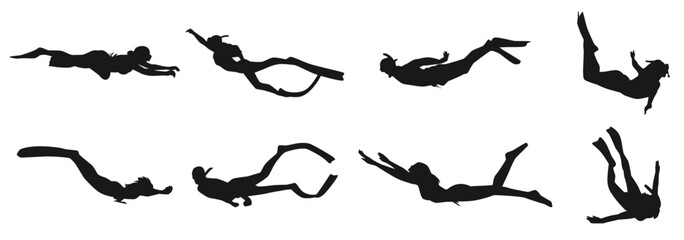 vector set silhouette snorkeling free diving swimming extreme sport isolated background.