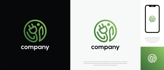 Natural leaf electrical plug logo design. Natural leaf logo icon with electrical plug