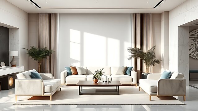 Contemporary lounge featuring a minimalist sofa and marble accents, showcasing clean lines and sophisticated design.