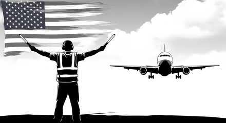 Airport Ground Crew Marshalling an Airplane with American Flag
