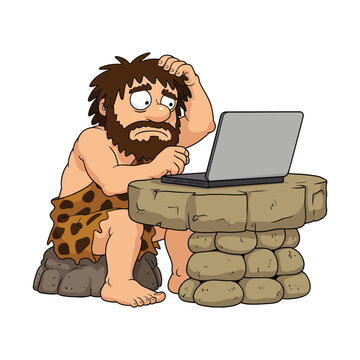 Caveman confused by laptop prehistoric technology