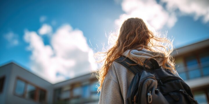 Student with backpack facing a school building at sunrise. Back to the School. High School first day and college first day
