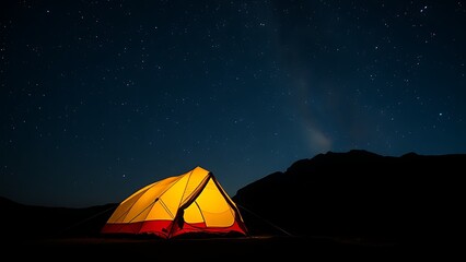 Cozy tent glowing under a starry night sky, with mountain silhouettes in the background.