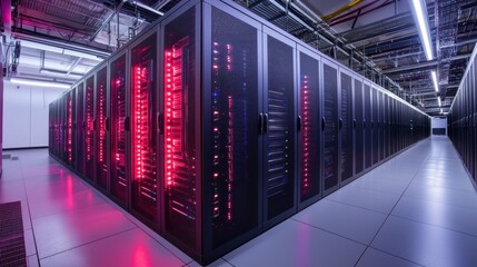 Server room with glowing server racks