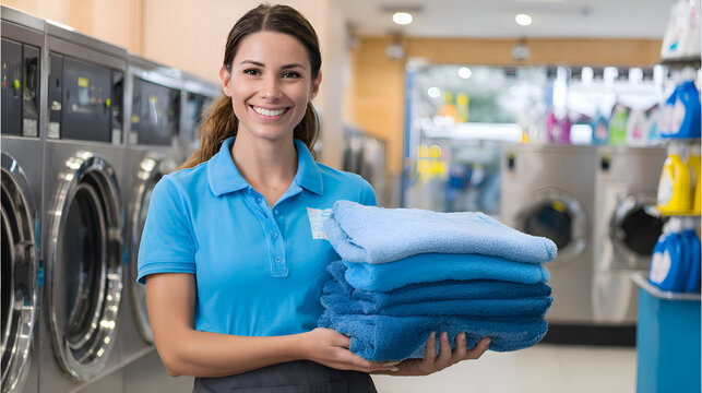 Laundromat worker holding clean towels smiling at the self service laundry - Powered by Adobe