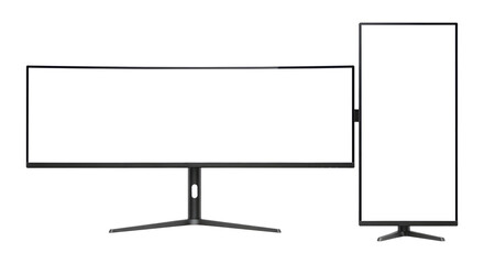 Obraz premium A Black Curved Gaming Monitor with a Secondary Vertical Screen, Cut Out, Clipping Path Isolated on a Transparent PNG Background.