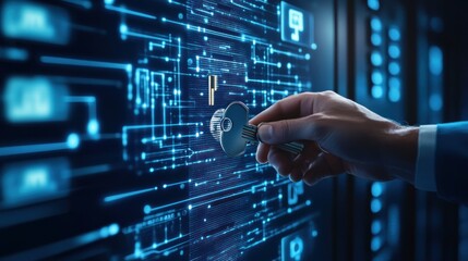 Hand holding key over digital circuit board