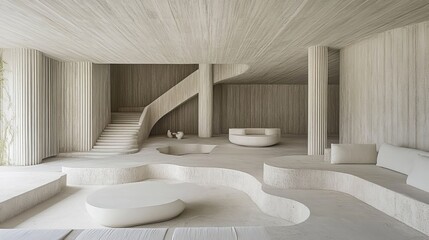 Serene minimalist interior with sculpted seating, curved walls, wooden columns, and a floating staircase, all in a calming monochromatic palette