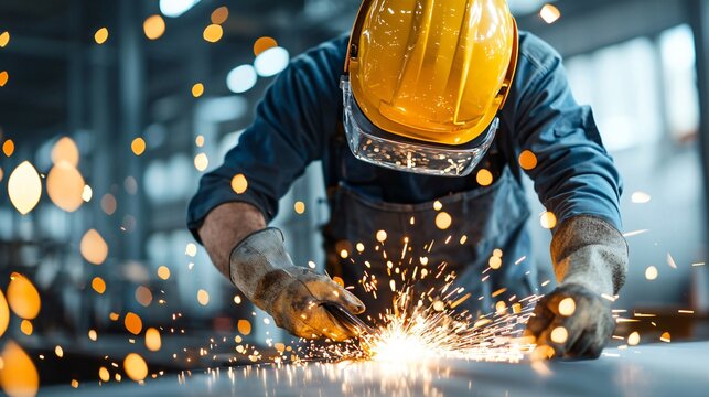 The interior of a metal vessel or tank being worked on, with brilliant sparks reflecting off the curved surfaces, and the partial visibility of a helmet's visor catching the intense light