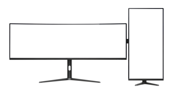 A Black Curved Gaming Monitor with a Secondary Vertical Screen, Cut Out, Clipping Path Isolated on a Transparent PNG Background.