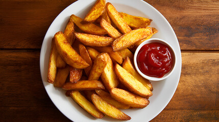 Delicious golden french fries with ketchup on rustic wooden table