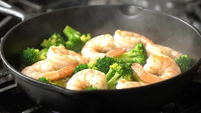 Shrimp  broccoli steam in a black skillet on a stovetop The food is closeup slightly blurred with steam rising