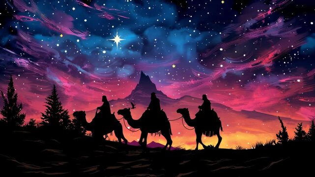 A painting of three men riding camels with a star in the sky. The sky is purple and blue